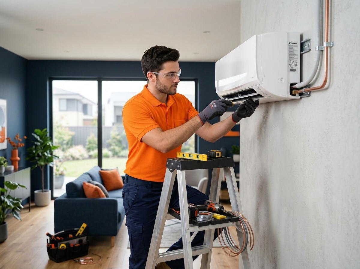 Técnico instalando aire acondicionado
